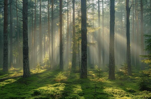 A forest scene with soft light and tall trees